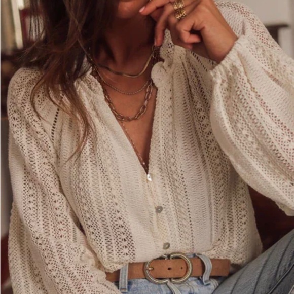 Shop Fig Tops - New Bohemian Cream Lace Long Sleeve V-Neck Button Front Blouse Top